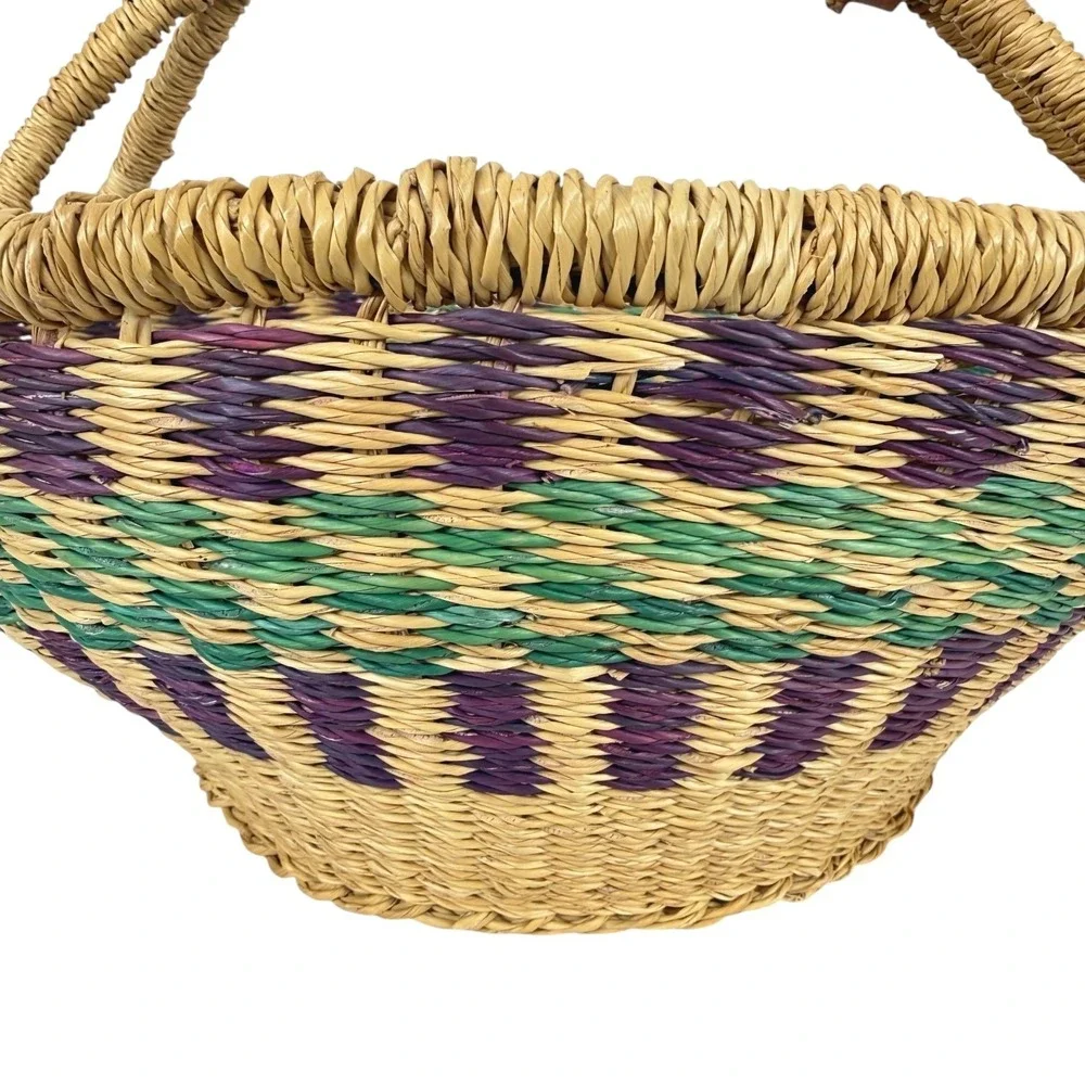 African Bolga Market Basket Handwoven Ghana Tote Leather Handle Large 12